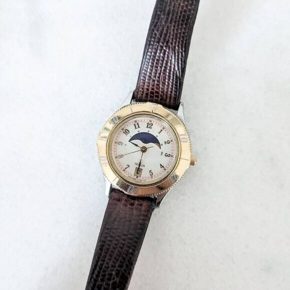 Vintage 80s Noblia Moonphase Gold Plated Women's Watch - Picture 1 of 3